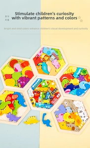 Macro shot of colorful hexagonal wooden puzzles featuring animals and vehicles for kids