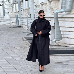 Women Trench Coat Black Oversized Extra Long Stand Collar Metal Buckle PU Leather Trim Street Dark Style Autumn Winter