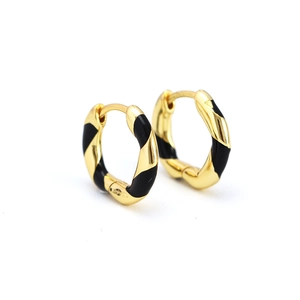 Spiral twisted hoop earrings in gold with black enamel stripes, s925 silver core jewelry