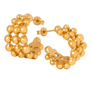 Chic C-Shaped Stud Earrings With Beaded Metal Ball Texture Titanium Steel Real Gold Plated Semicircular Hoop Jewelry