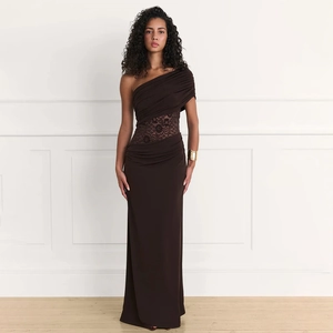 Elegant one-shoulder dark brown maxi dress with waist lace stitching and slim fit design