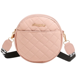 Pink quilted round crossbody bag with gold hardware and stylish jacquard shoulder strap
