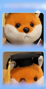 Dettaglio di una volpe di peluche con tocco da laureato nero e nappa dorata