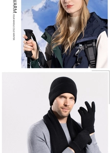 Detailed view of men's winter knit beanie hat, scarf, and gloves set for outdoor warmth