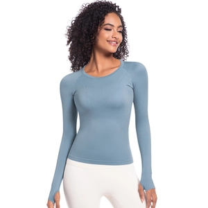 T-shirt da yoga a maniche lunghe da donna azzurra con fori per i pollici sportivi