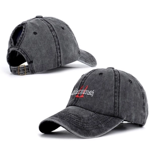 Washed dark gray baseball cap with embroidery and ponytail hole back design