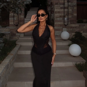 French holiday style black lace backless halter neck maxi dress with elegant V-neck design
