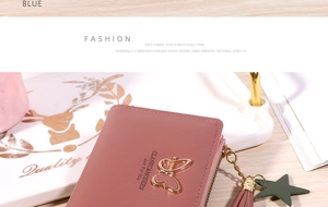 Close-up of pink PU leather folding wallet with metal butterfly and tassel detail