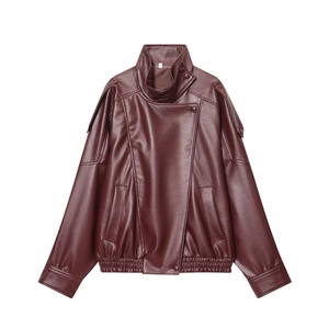 Fashionable burgundy faux leather jacket for women with stand collar and elastic cuffs