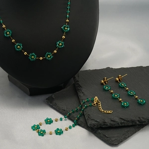Stainless Steel Flower Jewelry Necklace Bracelet And Earrings Bohemian Crystal Beads Plated 18K Gold Fashion Women