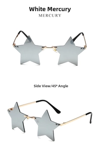 Front and 45-degree side view of rimless star-shaped white mercury sunglasses