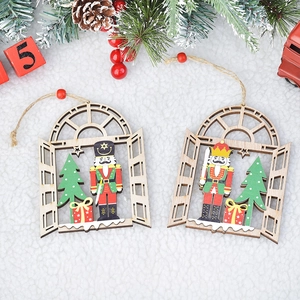 Christmas wooden window ornaments with nutcracker and tree figures in a festive setting