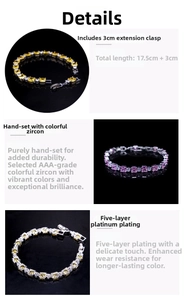 Detail of pink and yellow AAA zircon tennis bracelet with 17.5+3cm length and platinum plating