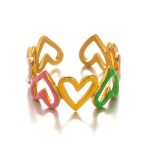 Minimalist gold-plated stainless steel open ring with colorful enamel hearts design