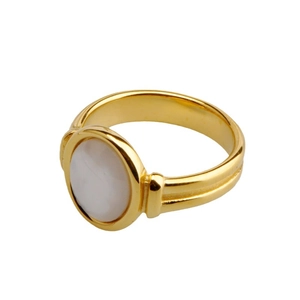 Vintage 18K gold plated oval white shell inlay titanium steel ring in minimalist style