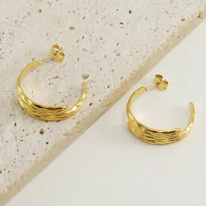 Irregular C Shape Hoop Earrings Stainless Steel 18K Gold Plated Organic Texture Vintage Geometric Studs For Women