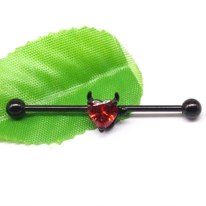 Macro detail of industrial barbell featuring a black devil heart with red zircon gem