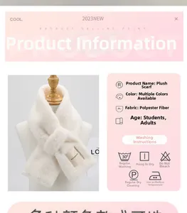Detail view of cream plush scarf showing soft faux rabbit fur texture and brand tag