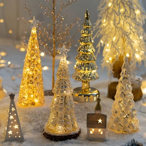 Christmas Tree Glass Ornament LED Light Tabletop Desktop Night Light Mercury Glass Holiday Home Decor Xmas Gift