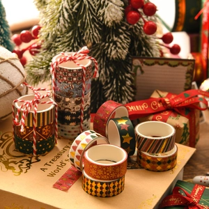 Christmas washi tape set with gold foil patterns on festive vintage background