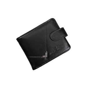 Short black bifold leather wallet for men with textured finish and metal buckle closure