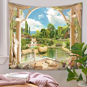 Macro detail of large forest tapestry featuring European garden design for home wall decor