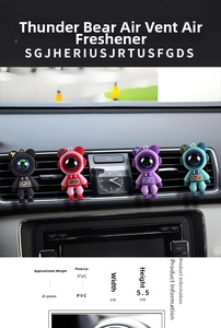 Close-up of lightning bear car air freshener with PVC material and dimensions info