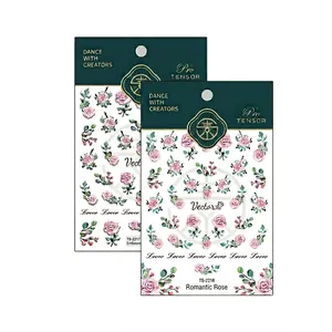 Ultra-thin romantic pink rose floral nail stickers with Lover text and green leaves