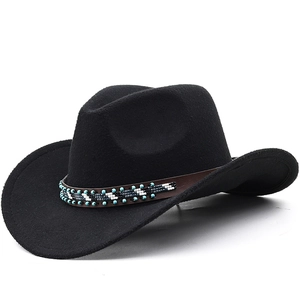 Western Cowboy Hat Polyester Felt Fedora With Ethnic Turquoise Beaded Belt Bohemian Vintage Style For Men Women