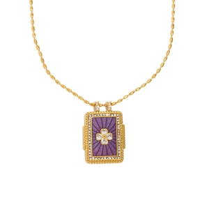 18K gold plated stainless steel square pendant necklace with purple clover enamel and crystals