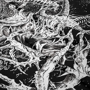 Dettaglio di arazzo bohémien bianco e nero che mostra la trama del tessuto e l'arte gotica