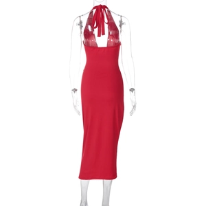 Detail view of red backless bodycon midi dress with halter neck and tie-back design