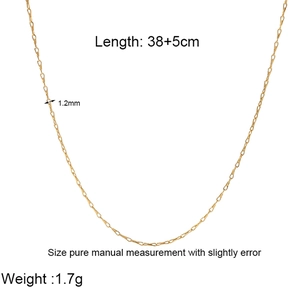 Detail of PVD gold plated necklace showing 38+5cm length and 1.2mm width measurement specs