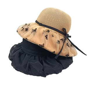 Breathable lace hollow-out knit sun hat with butterfly organza wide brim in khaki and black