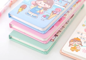 Detailed grid inner pages and colorful cartoon covers of the weeks planner notebook
