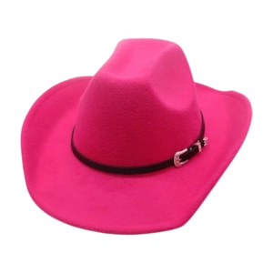 Chapeau de cowboy classique rose en feutre avec bande en cuir noir et boucle en strass