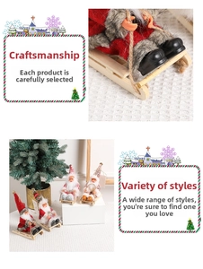 Detailed close-up of Santa Claus figures on wooden sleds with red and grey plush fabrics