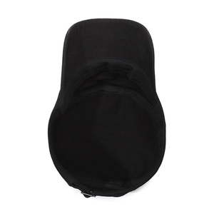 Inside view of black cotton army flat top cap with sweatband and metal adjustment buckle