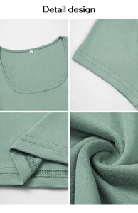Detail design of sage green U-neck T-shirt showing fine knit texture and reinforced stitching