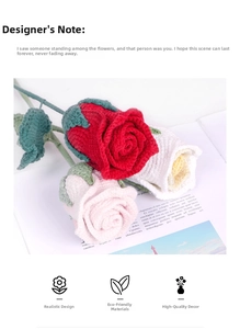 Detail of handmade crochet rose bouquet in red and pink yarn with green knitted leaves
