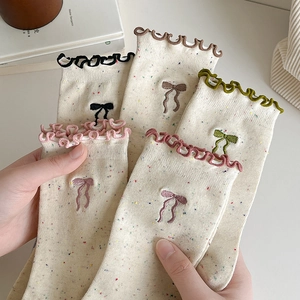 Japanese style bow-knot socks with ruffle edges and colorful dot yarn patterns
