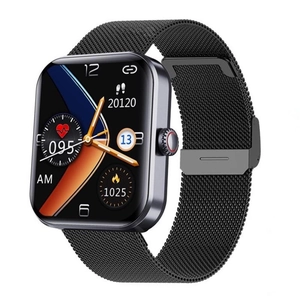 F57L black smart watch with Milanese metal strap displaying heart rate and fitness data