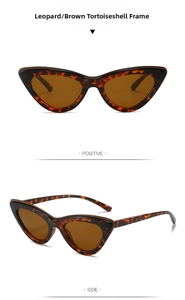 Front and side views of retro cat eye sunglasses with leopard frame and brown lenses