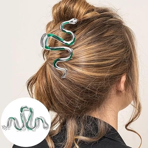 Sleek silver metal snake hair claw clip with dark green enamel detail for women