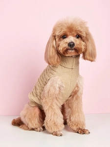 Detail of khaki high-neck sleeveless knit dog sweater on a brown poodle model