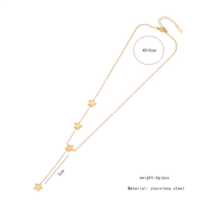 Detail view of gold star tassel necklace with length measurements and weight specifications