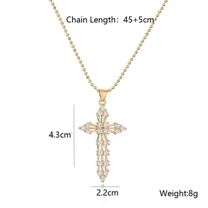 Gold plated cross pendant necklace with zircon crystals and dimensions text