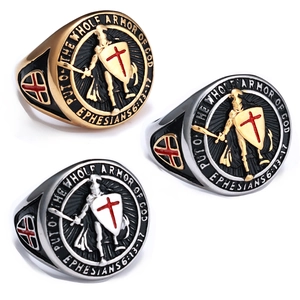 Men Knight Shield Ring Stainless Steel Religious Red Cross Bible Verse Put On The Whole Armor Of God Retro Jewelry