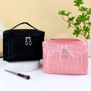 Black and pink large capacity striped makeup bags with top handles for travel organization