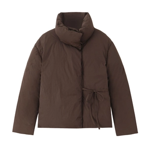 Women Puffer Jacket Polyester Stand Collar Side Lace Up Solid Color Thick Padded Short Outerwear Relaxed Fit